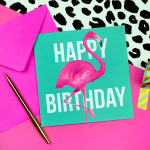 flamingo birthday card with pink envelope