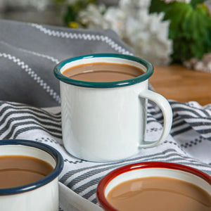 Enamel mug 375ml - white with various colours rim