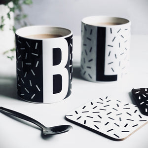 Personalised Initial Confetti Sprinkle Mug black and white